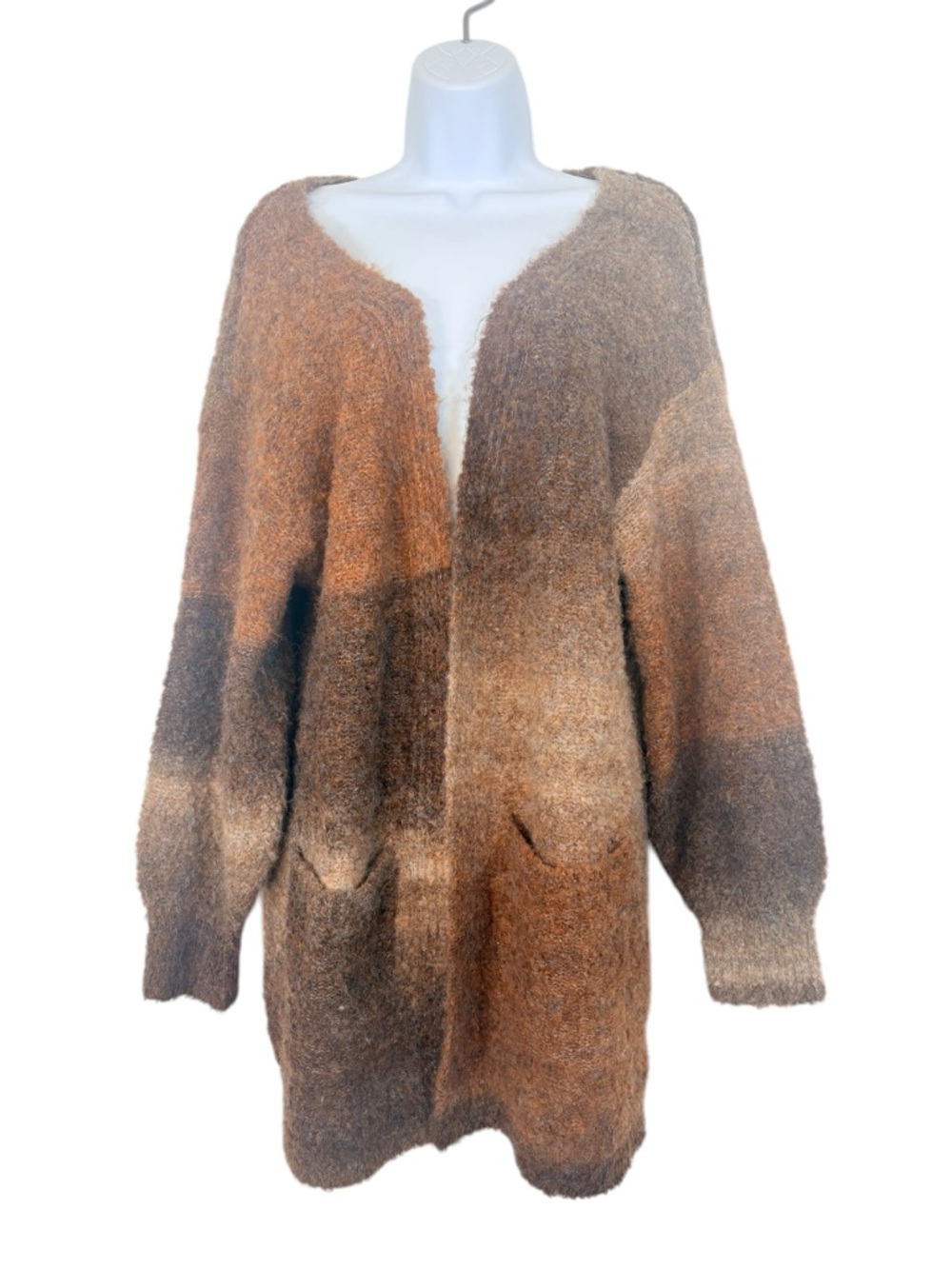 Woven Heart Fuzzy Knit Cardigan SzM brown Ombre Open Front Cozy Boho Wool Blend